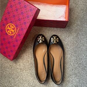 Tory Burch Black Flats with Gold Logo